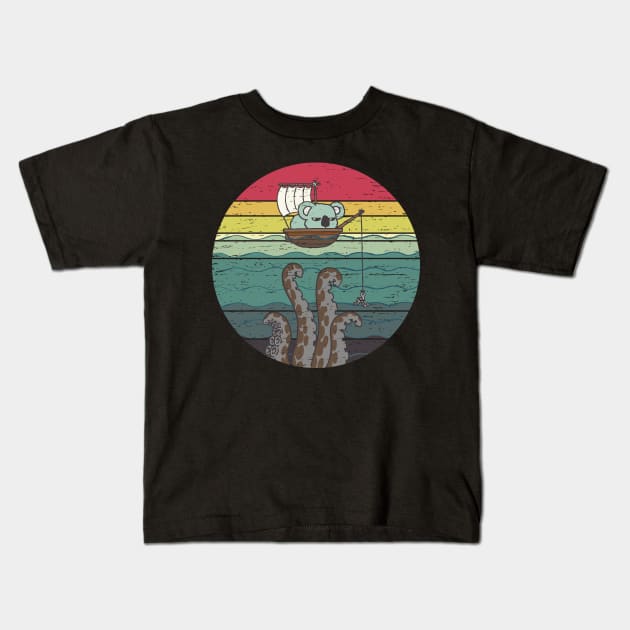 Funny Cute Fishing Koala Retro Sunset Distressed Vintage Rainbow Colors Kids T-Shirt by ebayson74@gmail.com